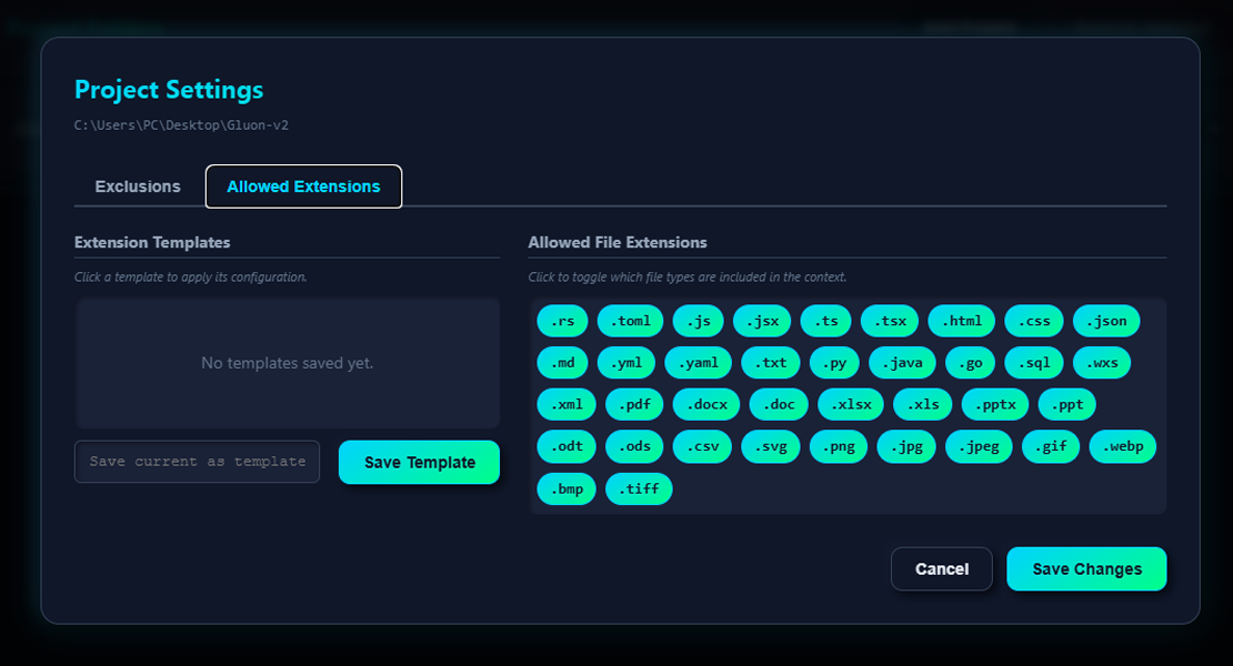 Project Settings - Allowed Extensions