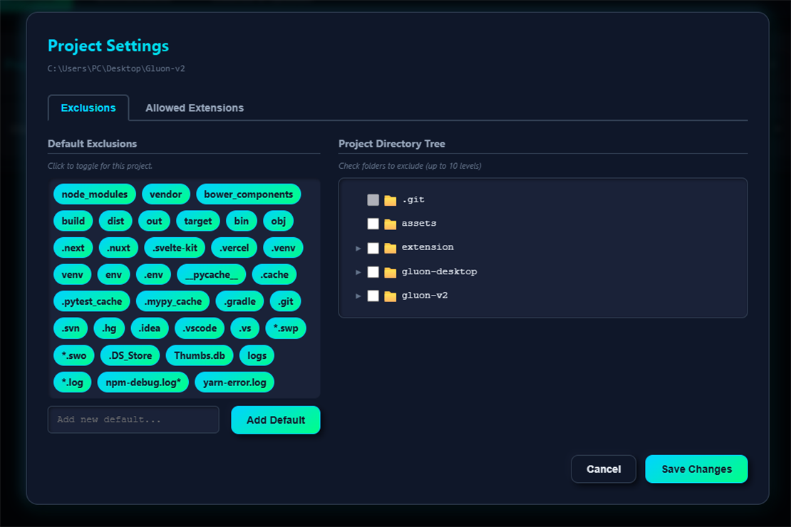 Project Settings - Exclusions