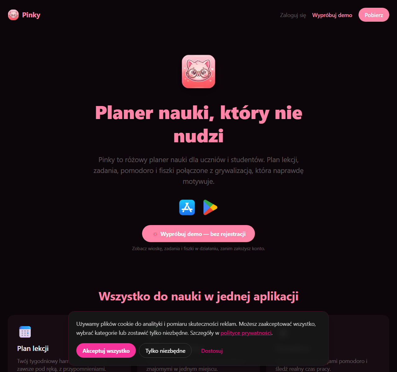 Zrzut ekranu Pinky – planer nauki, strona produktu